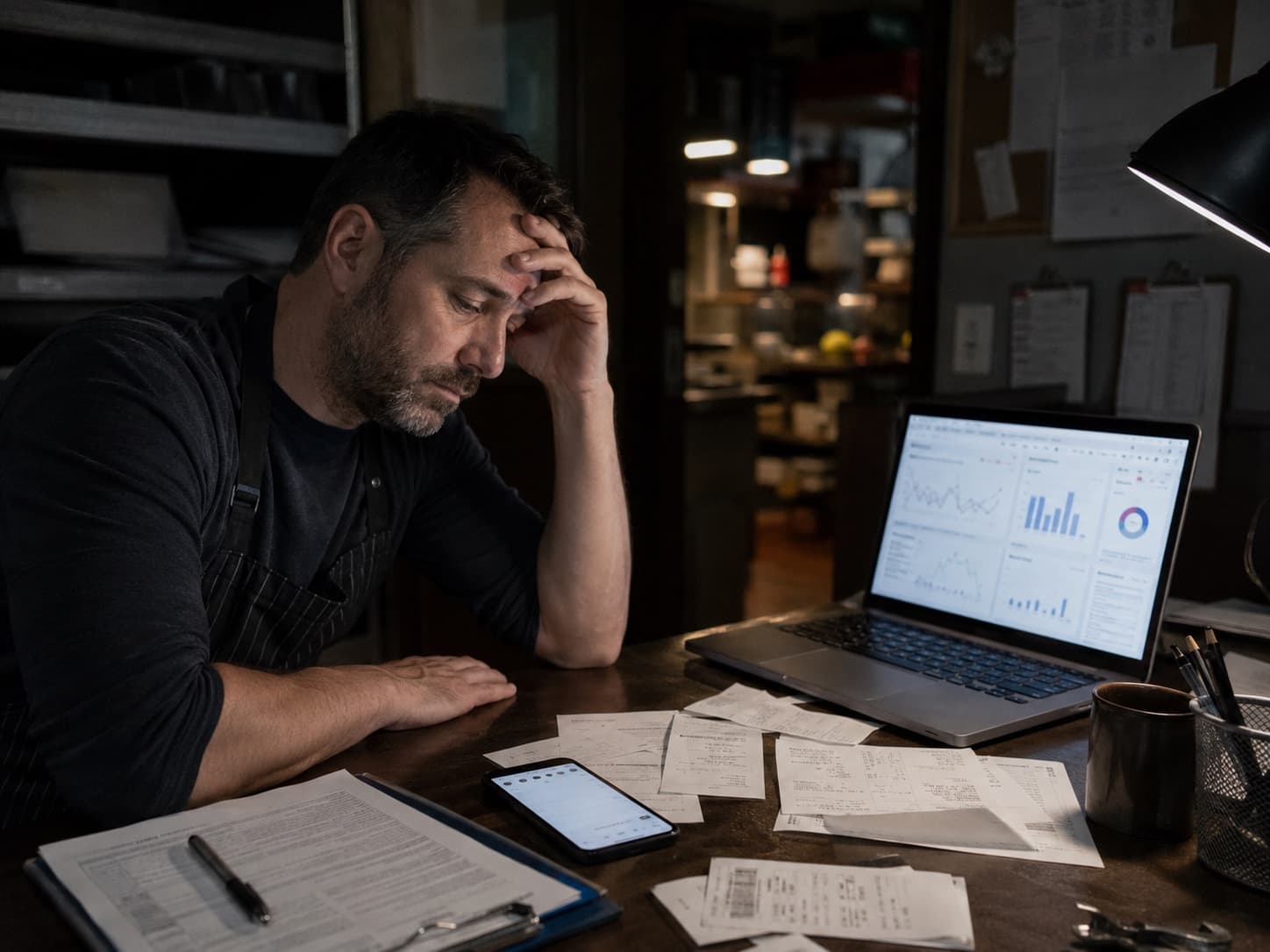A restaurant owner late at night, staring at an agency dashboard full of charts and a pile of invoices
